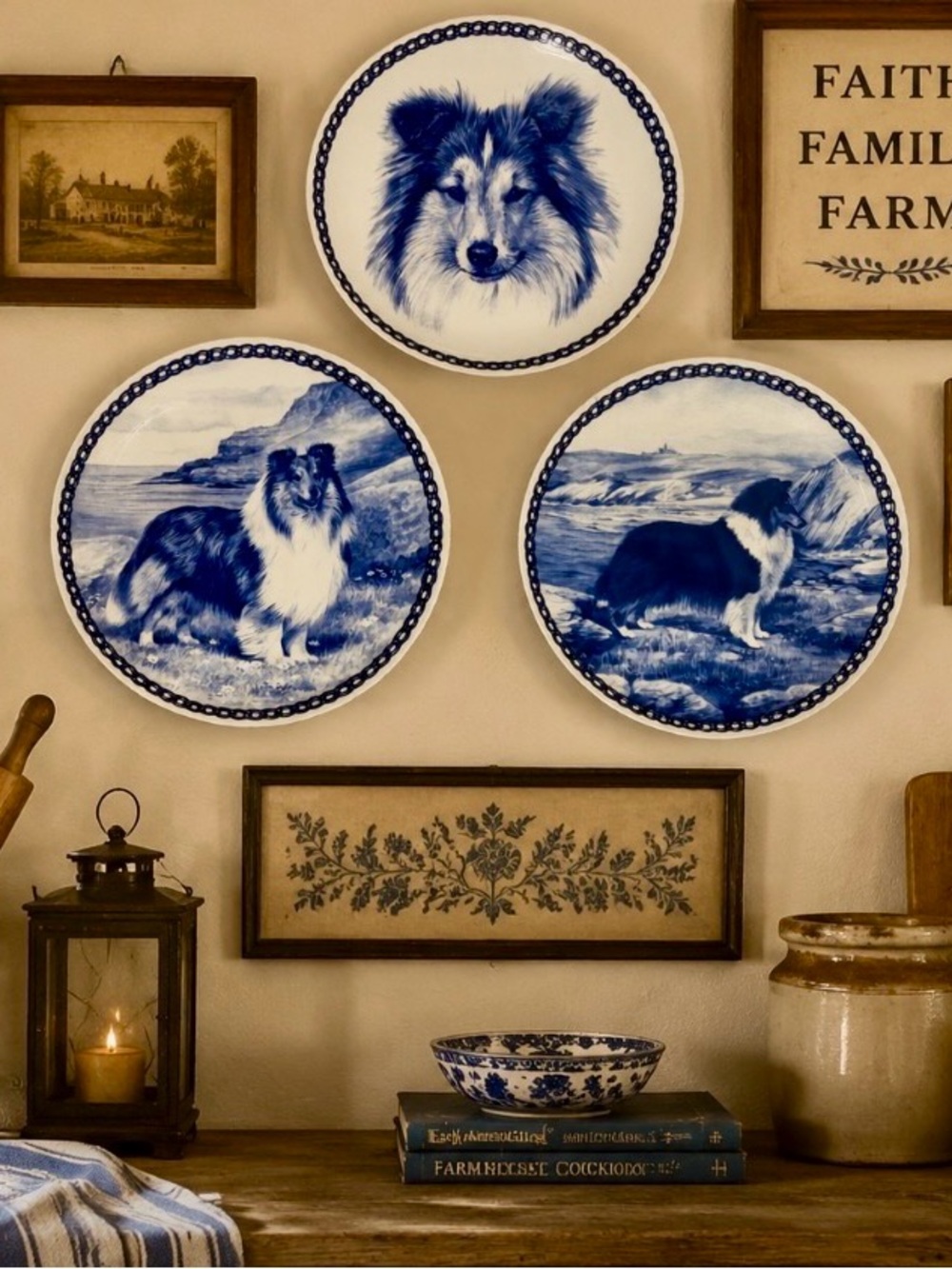 Vintage Lekven Design Shetland Sheepdog Porcelain Blue/White Decorative Plates